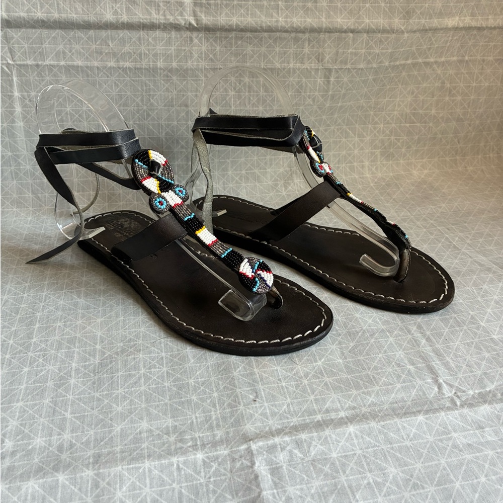 Laidback London Leather‎ Ankle Tie Beaded Sandals 36